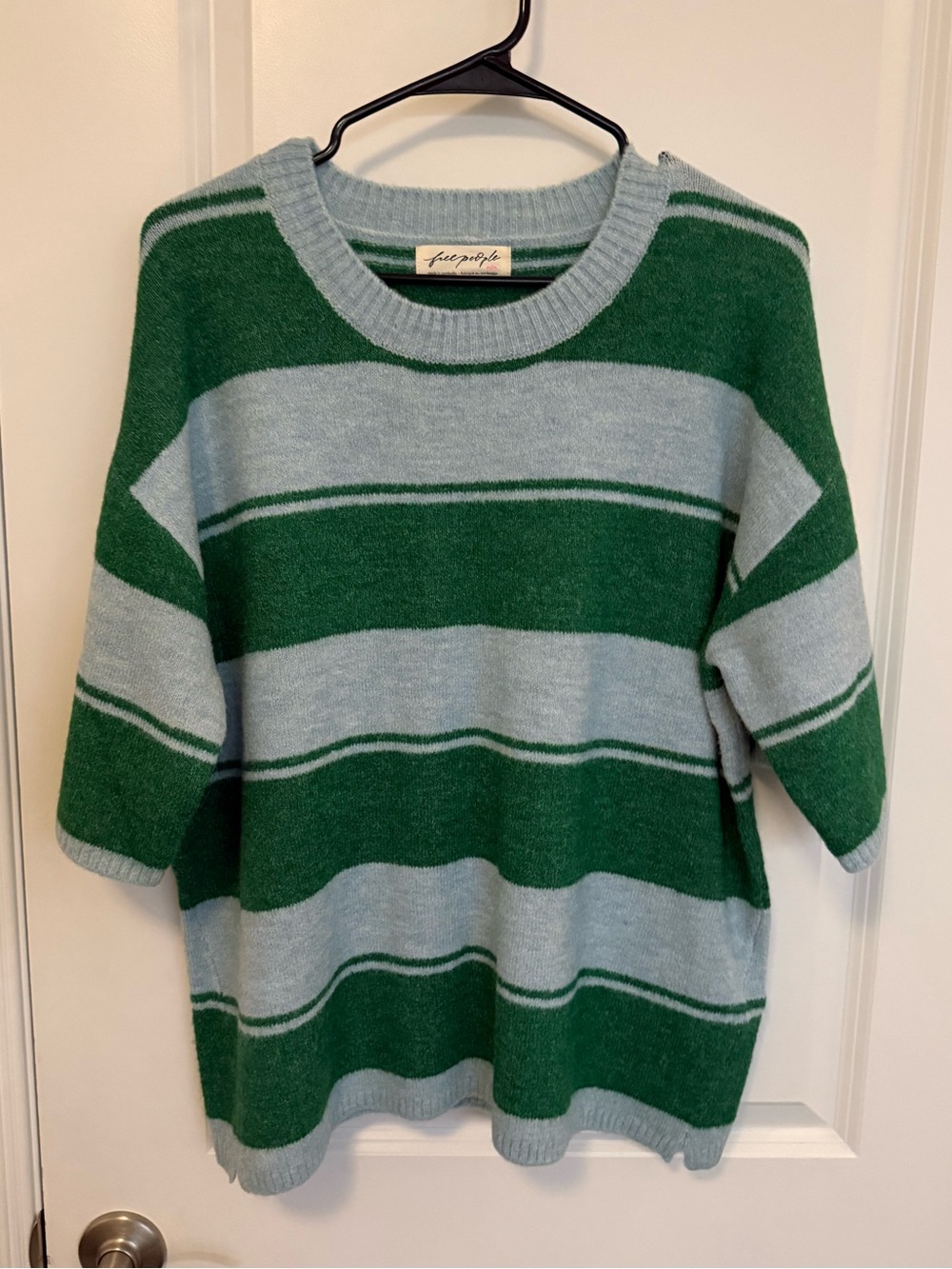 Free People Crewneck Short-Sleeve Striped Sweater in Green and Blue